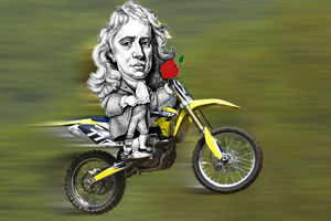Isaac Newton on a dirt bike