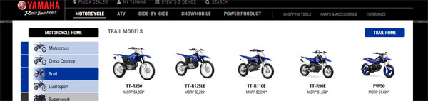 Screenshot of Yamaha beginner dirt bikes